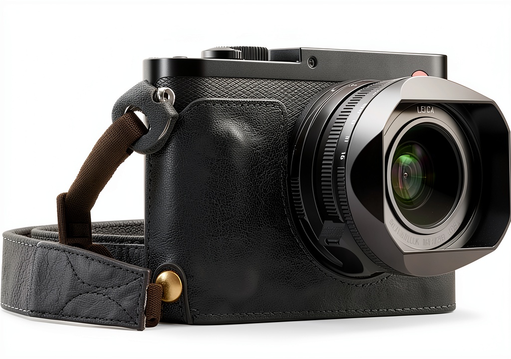 Étui cuir MegaGear MG1400 brun monté sur un Leica Q-P posé sur un carnet de voyage